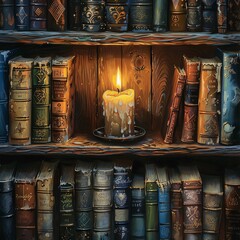 Candle flame on a wooden shelf, surrounded by books, creating a cozy reading nook, detailed spines