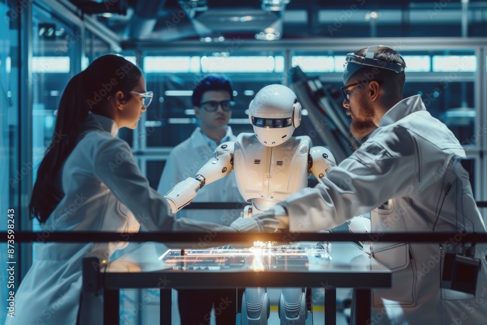 Poster an advanced robotic system interacts with a digital hologram, offering a glimpse into the future of 