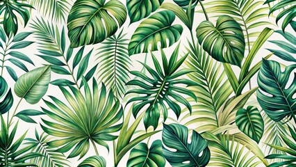Tropical botanical illustration featuring Solomon's seal, palms, and monstera leaf in exotic seamless pattern background, perfect for design projects.