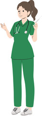 Fototapeta premium Female Nurse Holding Syringe In Green Scrubs
