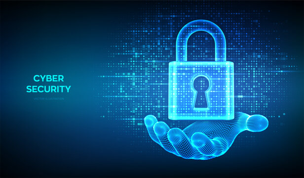Lock. Cyber security. Padlock with keyhole icon made with binary code in wireframe hand. Protect and Security or Safe concept. Information privacy. Digital code background with digits 1.0. Vector.