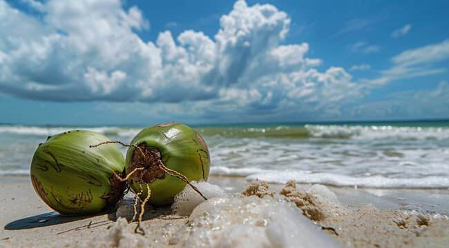 fresh green coconuts on the beach with waves and a blue sky in the background