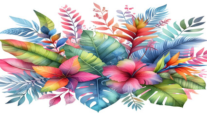 Colorful tropical watercolor spring floral leaves