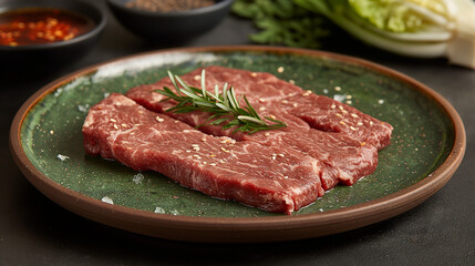 Steak, Japanese and beef, fresh, ice, on a cabbage plate with a monochrome background.