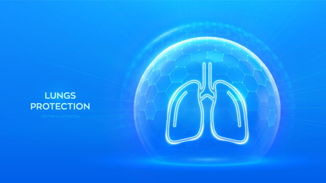 Lungs care and protection. Healthy lungs medical concept. Human respiratory system anatomy lungs organ icon inside protection sphere shield with hexagon pattern on blue background. Vector illustration