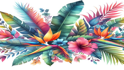 Colorful tropical watercolor spring floral leaves
