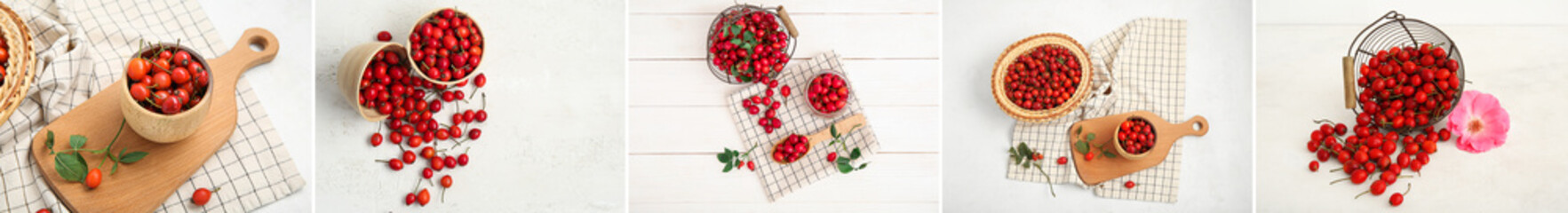 Collage of many fresh rose hip berries on light background