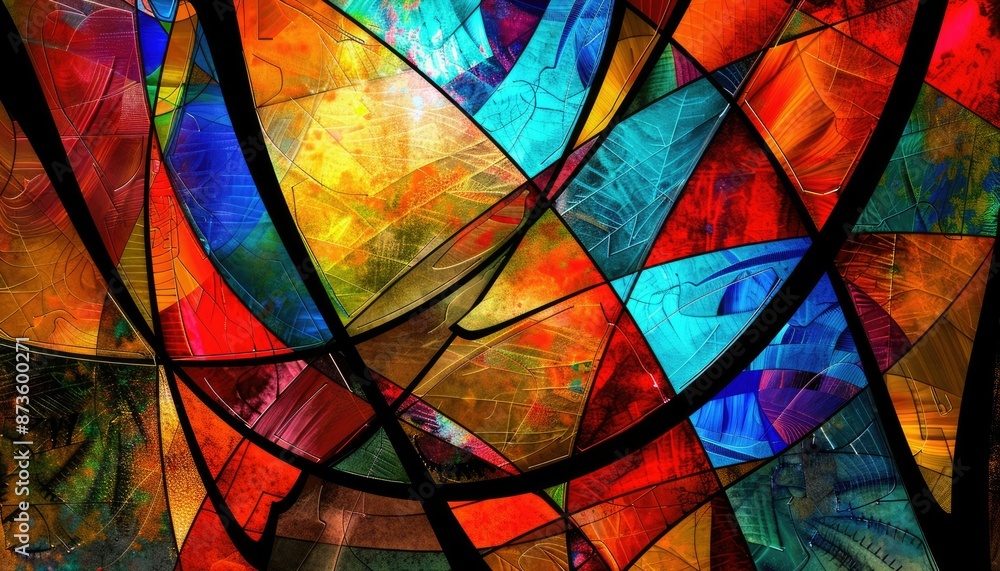 Poster a striking abstract artwork with a vivid and colorful mosaic design reminiscent of stained glass com