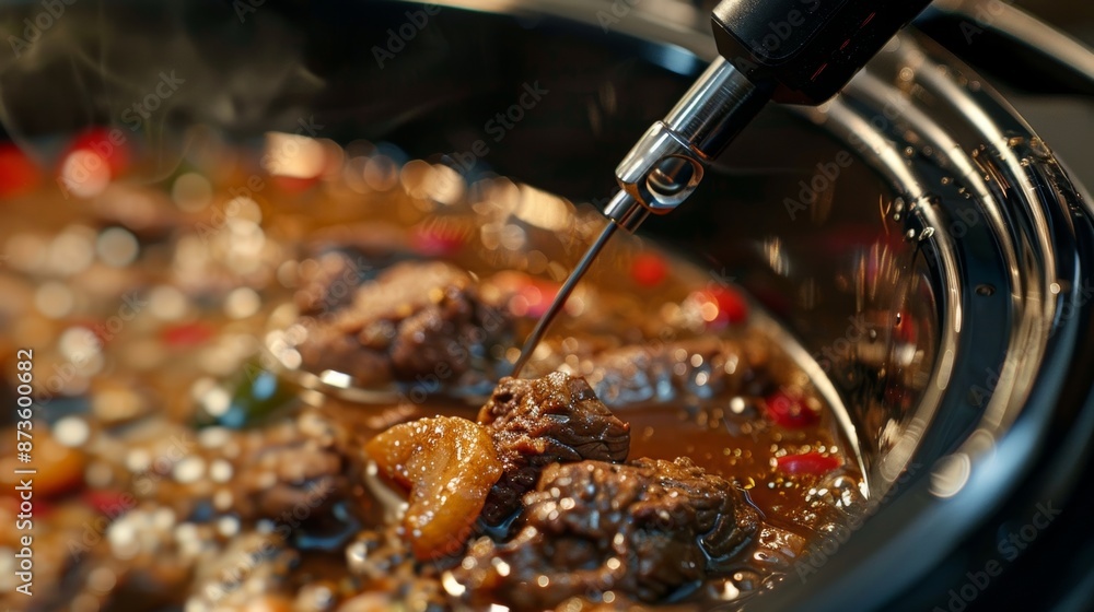Poster a shot of the temperature probe inserted into a slow cooker ensuring that the food is being cooked a
