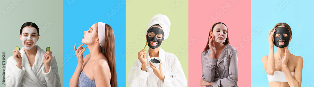 Wall mural Set of beautiful women with facial masks on color background