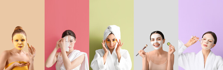 Set of beautiful women with facial masks on color background