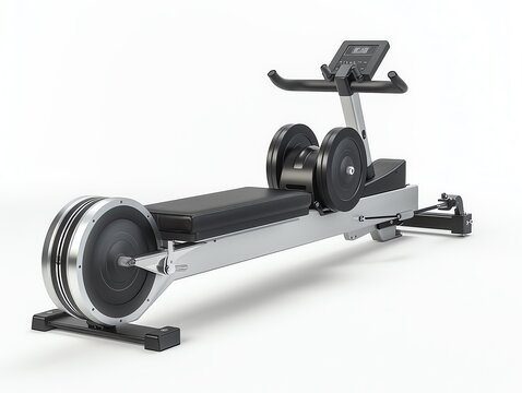 Rowing machine with water resistance, detailed paddles, black and silver, isolated on white background