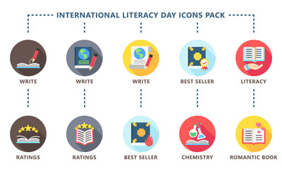 International Literacy Day black outline icons pack. contain book  literacy, library, e book, dictionary, education theme and more. Use for modern concept, web and app development. Vector EPS 10.