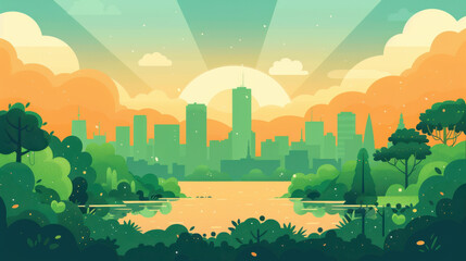 Fototapeta premium Illustration of a sustainable cityscape with skyscrapers surrounded by a vibrant green park, highlighting eco-friendly urban living.