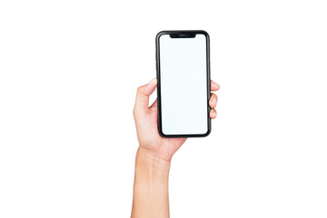 Female hand holding phone isolated transparent