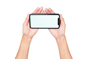 Female hand holding phone isolated transparent