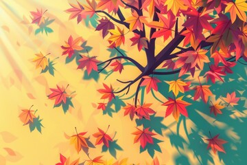 Fototapeta premium Colorful autumn leaves falling from a tree, casting vibrant shadows. Sunlight filtering through the leaves creating a warm, picturesque scene.