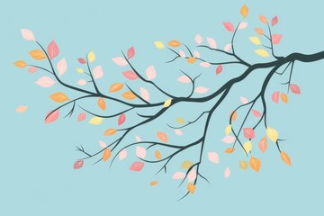 Elegant illustration of a tree branch with colorful autumn leaves on a light blue background. Ideal for seasonal or nature-themed designs.