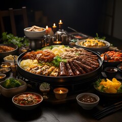 Obraz premium traditional Korean food table, aerial view with many side dishes