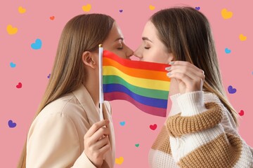 Young lesbian couple kissing behind LGBT flag on pink background