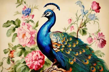 Fototapeta premium an ai generated image, peacock portrait on background of flowers vintage