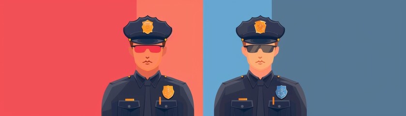 Illustration of two police officers side by side in uniform, one on a red background and the other on a blue background.