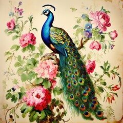 an ai generated image, peacock portrait on background of flowers vintage