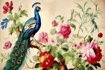 an ai generated image, peacock portrait on background of flowers vintage