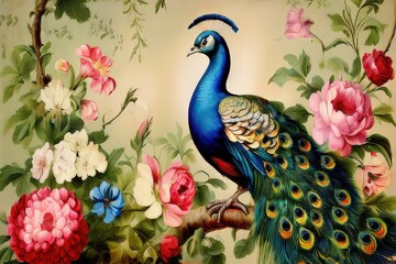 an ai generated image, peacock portrait on background of flowers vintage