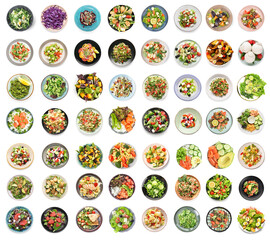Set of many different salads isolated on white, top view