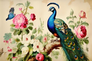 an ai generated image, peacock portrait on background of flowers vintage