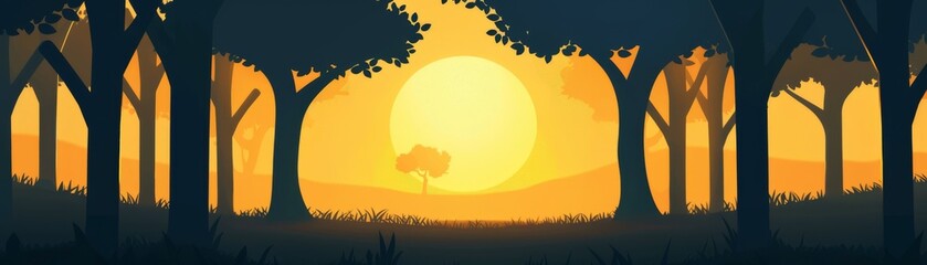 Stunning sunset landscape illustration with a warm golden glow illuminating a tranquil forest scene. Perfect for backgrounds and nature themes.
