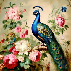 an ai generated image, peacock portrait on background of flowers vintage