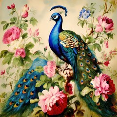 an ai generated image, peacock portrait on background of flowers vintage