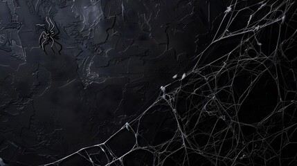 Real creepy spider webs on black banner