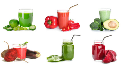 Set of different healthy smoothies isolated on white