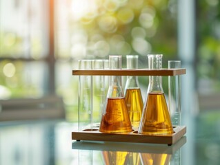 Flask test tubes with chemical laboratory tests stand on a glass table. - ai