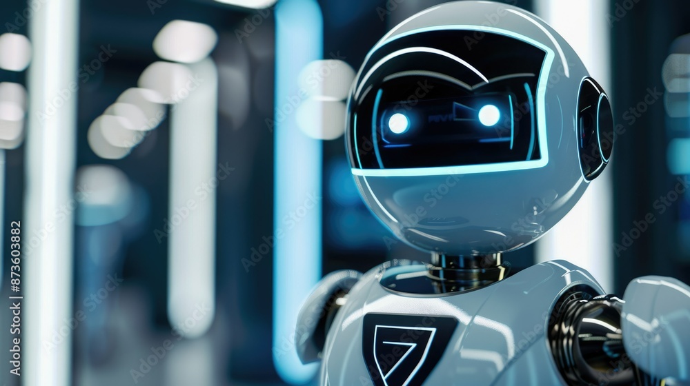 Poster closeup of futuristic ai robot among technology, reflecting innovation and advancements in robotics 