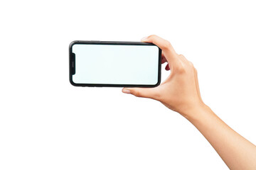 Female hand holding phone isolated transparent