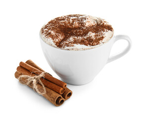 Cup of tasty coffee with cinnamon on white background