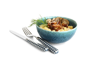 Bowl of tasty banosh and cutlery on white background