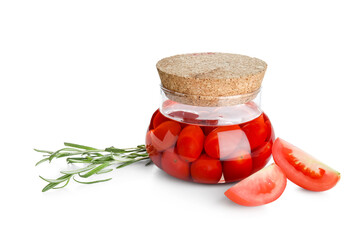 Jar of pickled tomatoes and rosemary on white background