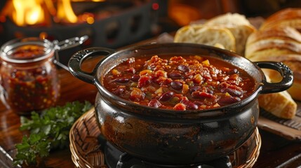 A cozy winter evening with a pot of hearty chili simmering on the stove accompanied by a basket of artisan bread and a jar of zesty chipotle salsa.