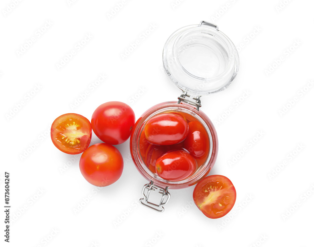 Sticker jar of pickled tomatoes on white background