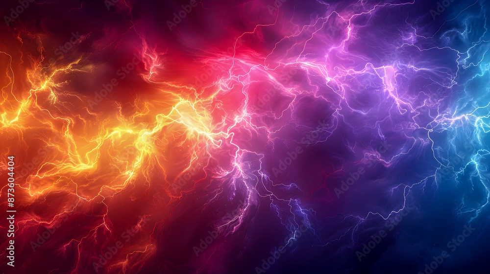 Poster dramatic rainbow hued lightning bolts striking across a vibrant abstract sky radiating with electric