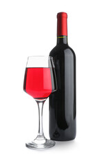 Glass and bottle of exquisite wine on white background