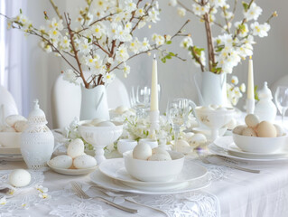 Elegant Easter Table Setting with White Flowers and Candles