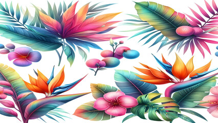 Colorful tropical watercolor spring floral leaves
