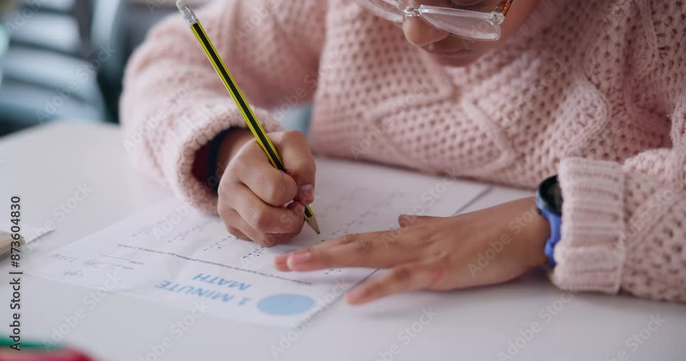 Poster hands, school and girl with notebook, writing and learning with information, child development and g