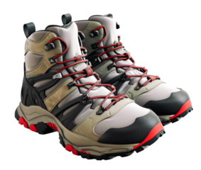 Pair of gray and red hiking boots, designed for rugged outdoor activities
